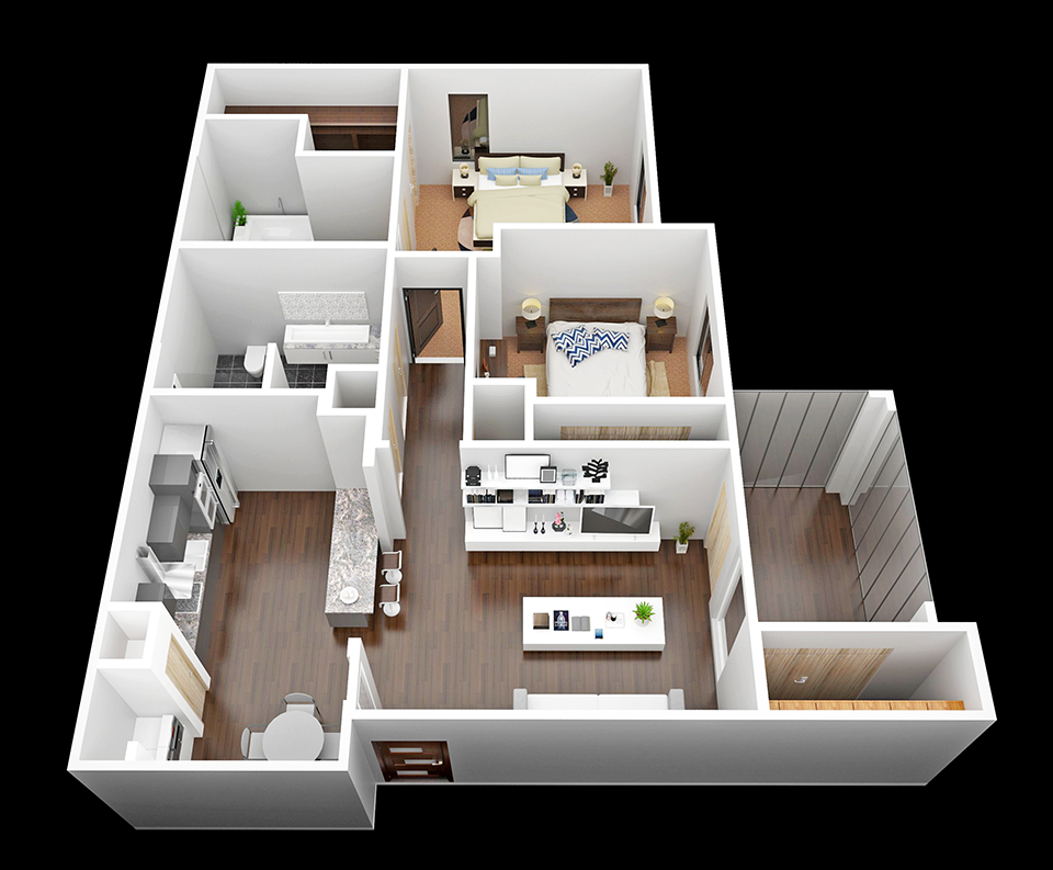 Floor plan for 2 beds, 2 baths, 990 sqft